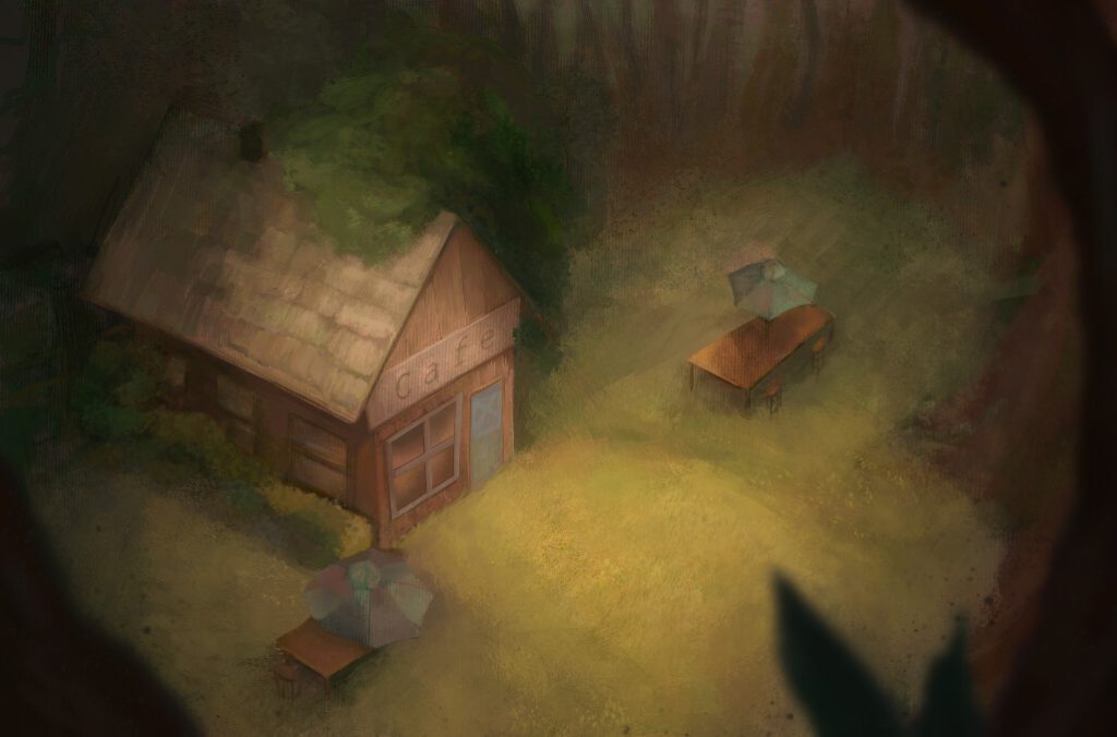 Digital Painting of a homey but startingly empty cafe in a clearing in the woods